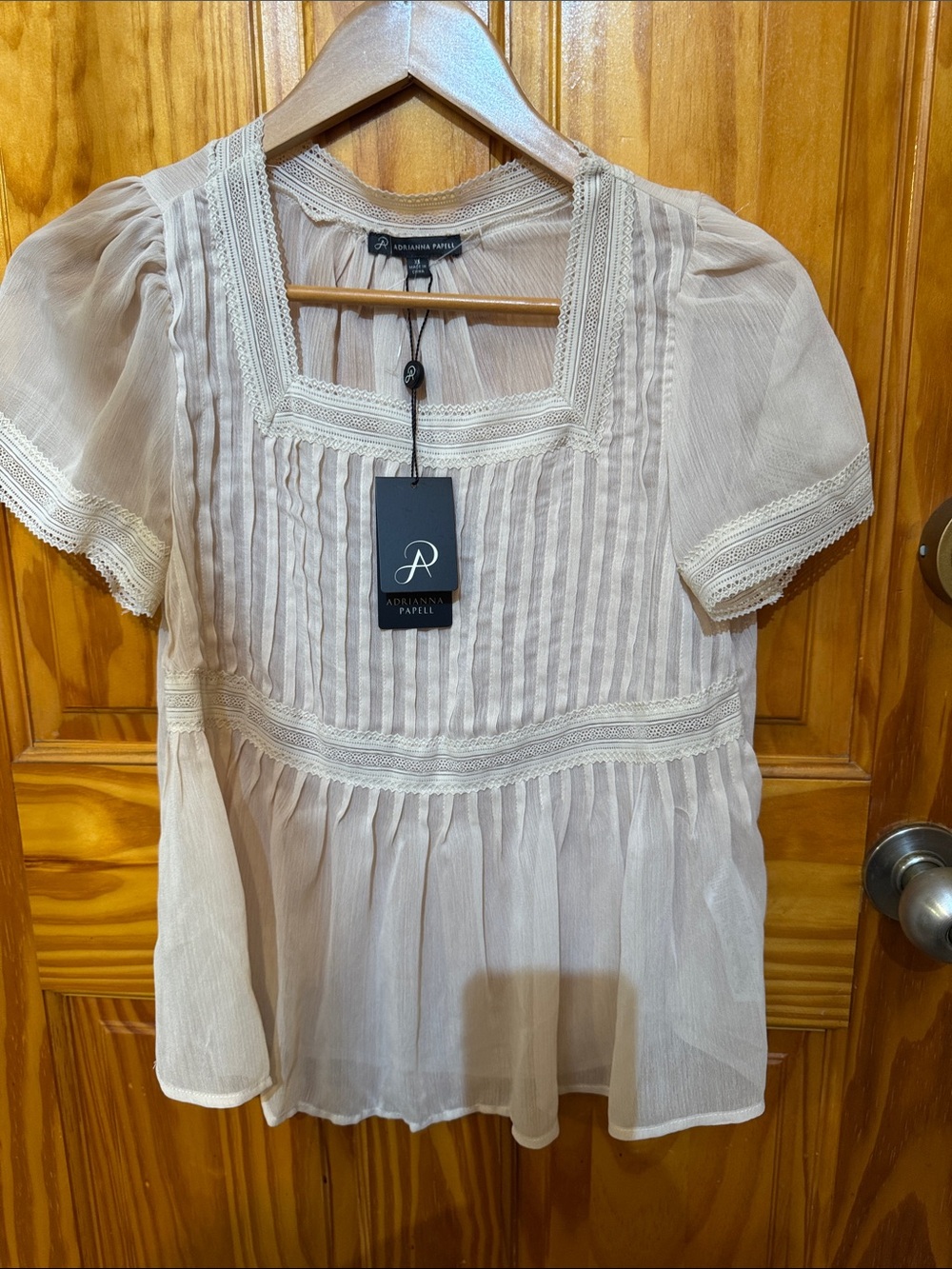 Adrianna Papell Cream Pintuck Lace-Trim Square Neck Blouse